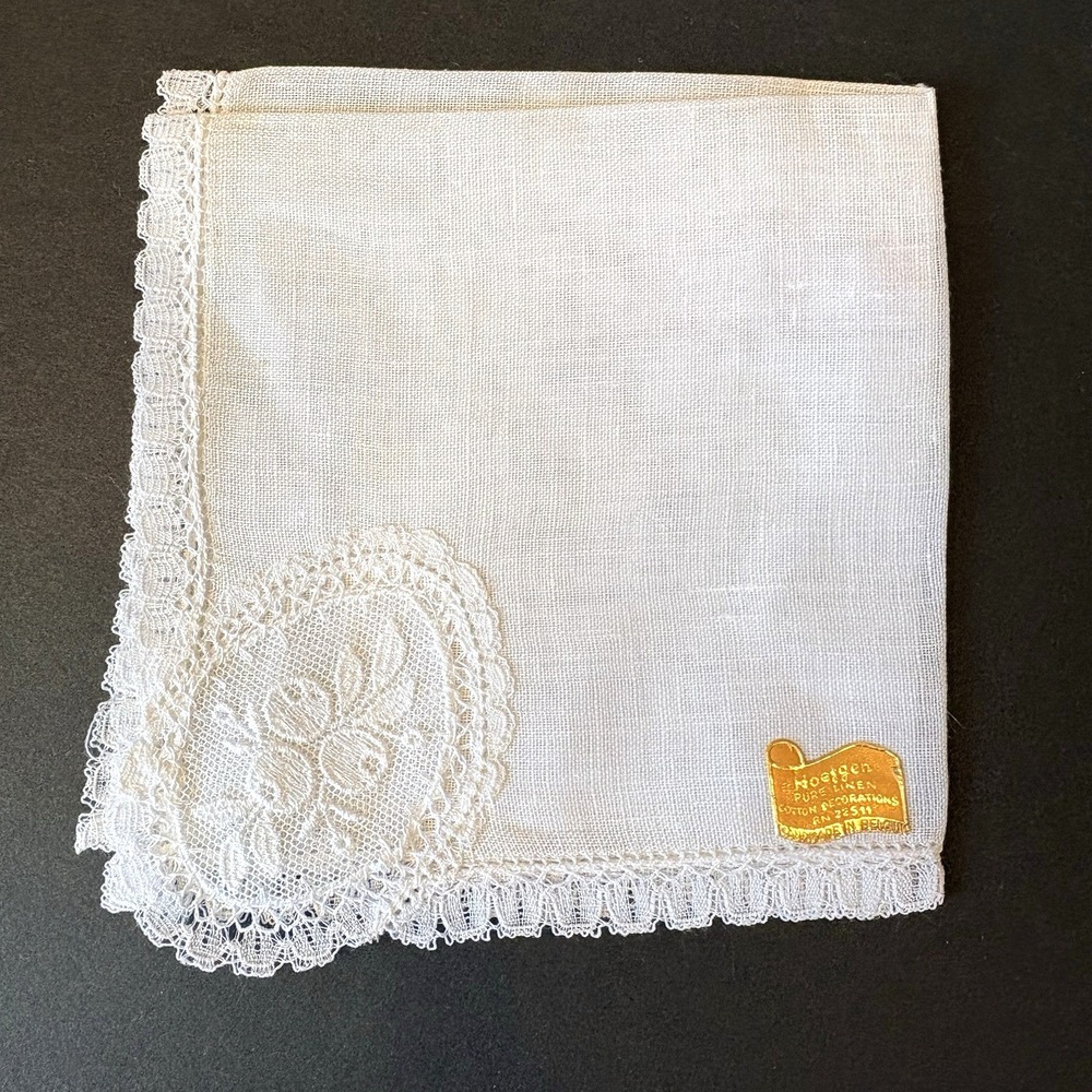 Hoefgen Vintage White Floral Botanical Lace Linen Handkerchief Belgium